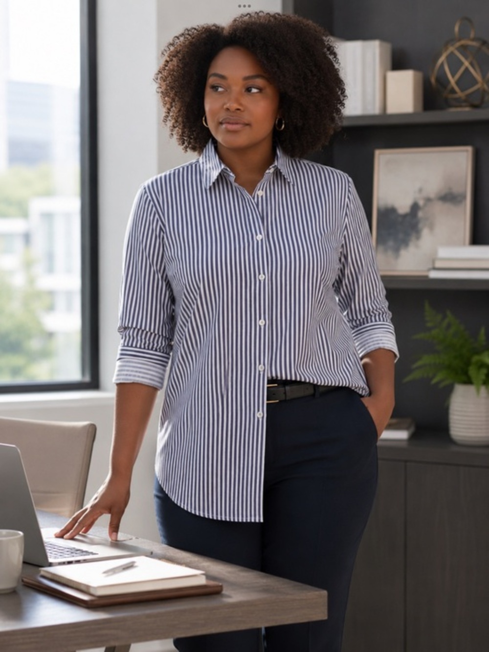 CJ Banks Navy and White Striped Button-Down Shirt size 2x